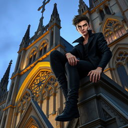 A villainous yet fit young man exuding charm and mischief, with bright yellow eyes, seated on the edge of a grand Gothic-style Catholic church
