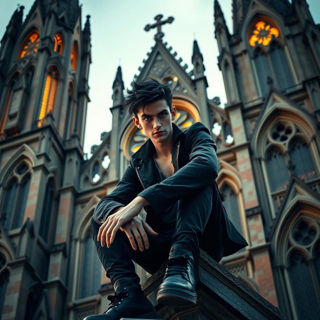 A villainous yet fit young man exuding charm and mischief, with bright yellow eyes, seated on the edge of a grand Gothic-style Catholic church