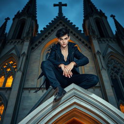 A villainous yet fit young man exuding charm and mischief, with bright yellow eyes, seated on the edge of a grand Gothic-style Catholic church