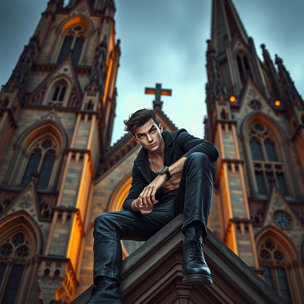 A villainous yet fit young man exuding charm and mischief, with bright yellow eyes, seated on the edge of a grand Gothic-style Catholic church