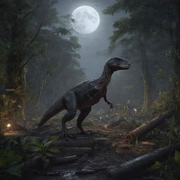 Depict a sudden scene of the Raptor Paddock in ruins, the protective barriers torn apart among the dense jungle, the scattered debris illuminated by the pale moonlight.