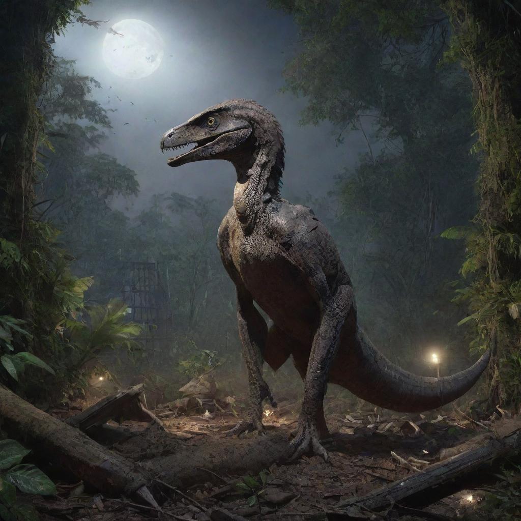 Depict a sudden scene of the Raptor Paddock in ruins, the protective barriers torn apart among the dense jungle, the scattered debris illuminated by the pale moonlight.