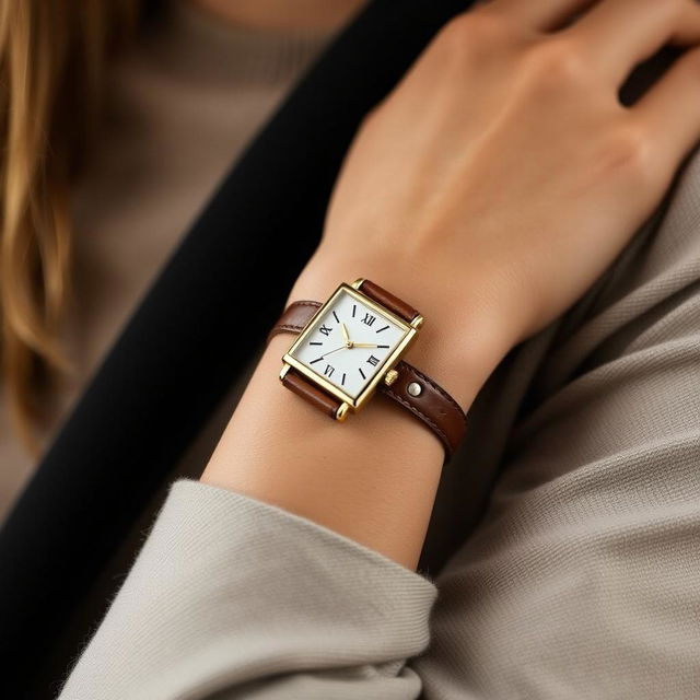 A fashionable woman wearing a small rectangular watch on her wrist, sized at 15x20 mm with a slim thickness