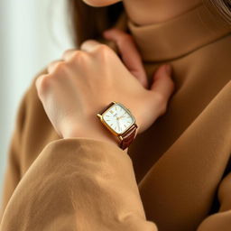 A fashionable woman wearing a small rectangular watch on her wrist, sized at 15x20 mm with a slim thickness