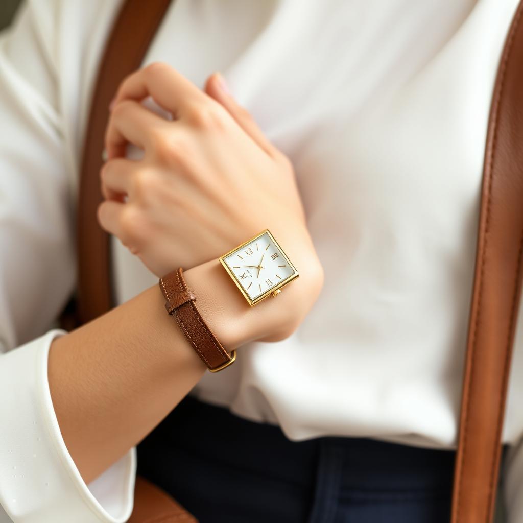 A fashionable woman wearing a small rectangular watch on her wrist, sized at 15x20 mm with a slim thickness