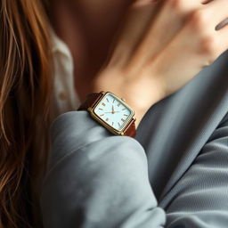 A fashionable woman wearing a small rectangular watch on her wrist, sized at 15x20 mm with a slim thickness