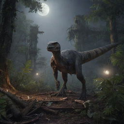 Depict a sudden scene of the Raptor Paddock in ruins, the protective barriers torn apart among the dense jungle, the scattered debris illuminated by the pale moonlight.