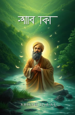 A captivating book cover design featuring an artistic depiction of Shah Jalal, the revered saint and spiritual figure of the Bengal region