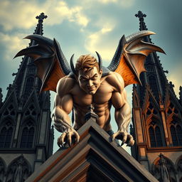 A fit young lad designed as a gargoyle, displaying a villainous charm with striking yellow eyes