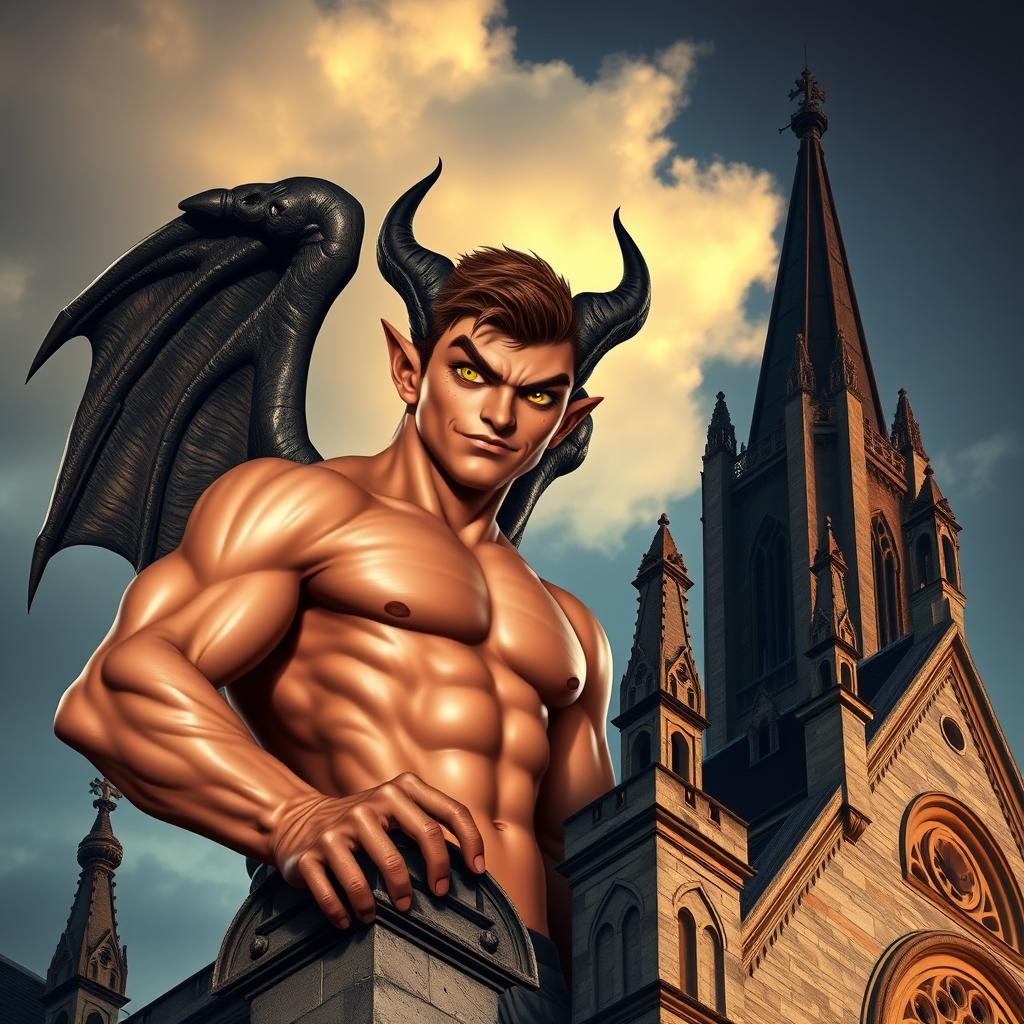 A fit young lad designed as a gargoyle, displaying a villainous charm with striking yellow eyes