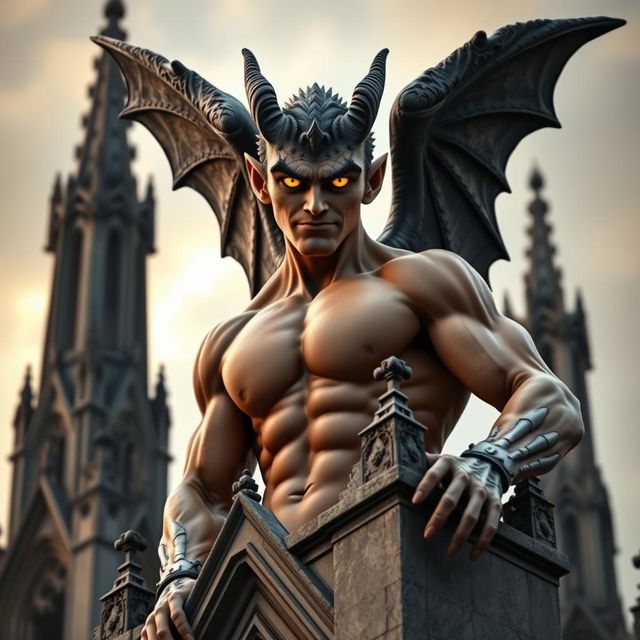 A fit young lad designed as a gargoyle, displaying a villainous charm with striking yellow eyes