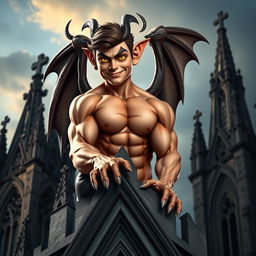 A fit young lad designed as a gargoyle, displaying a villainous charm with striking yellow eyes