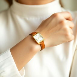 A fashionable woman showcasing a small rectangular watch on her wrist, measuring 15x20 mm with a slim profile