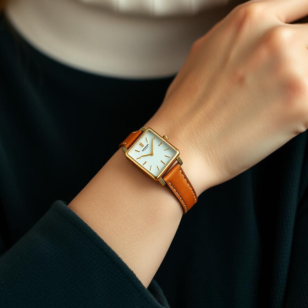 A fashionable woman showcasing a small rectangular watch on her wrist, measuring 15x20 mm with a slim profile
