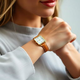 A fashionable woman showcasing a small rectangular watch on her wrist, measuring 15x20 mm with a slim profile