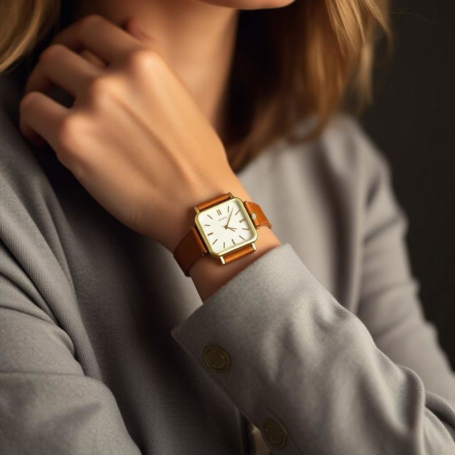 A fashionable woman showcasing a small rectangular watch on her wrist, measuring 15x20 mm with a slim profile