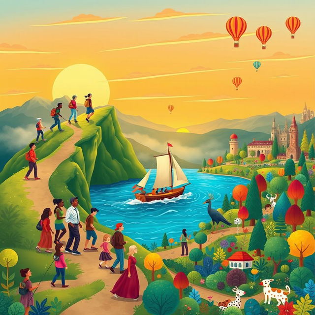 A vibrant and whimsical illustration depicting a grand adventure through life