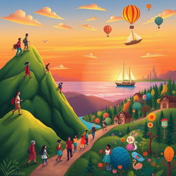 A vibrant and whimsical illustration depicting a grand adventure through life