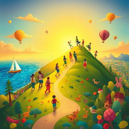 A vibrant and whimsical illustration depicting a grand adventure through life