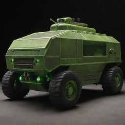 A Nuclearpunk armored vehicle, radiating the atomic age aesthetic. The vehicle showcases a robust design with layers of lead shielding, glowing Geiger counter, radiator grills, interlocking bulkhead doors, and a reactor core glowing ominously through thick, protective glass