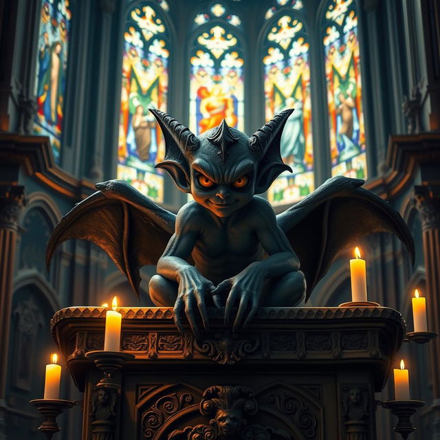 A villainous young lad portrayed as a gargoyle, exuding charm with striking yellow eyes, seated upon an ornate Catholic church altar