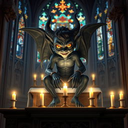 A villainous young lad portrayed as a gargoyle, exuding charm with striking yellow eyes, seated upon an ornate Catholic church altar