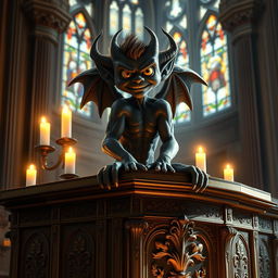A villainous young lad portrayed as a gargoyle, exuding charm with striking yellow eyes, seated upon an ornate Catholic church altar