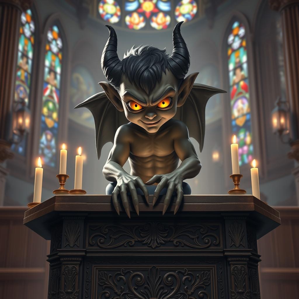 A villainous young lad portrayed as a gargoyle, exuding charm with striking yellow eyes, seated upon an ornate Catholic church altar