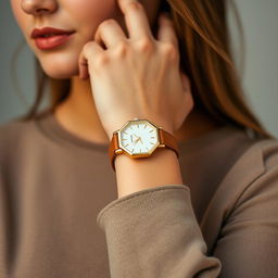 A stylish woman showcasing a small octagonal watch on her wrist, measuring 15x20 mm with cut corners that create its unique shape