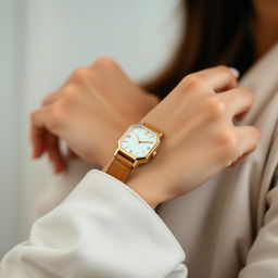 A stylish woman showcasing a small octagonal watch on her wrist, measuring 15x20 mm with cut corners that create its unique shape