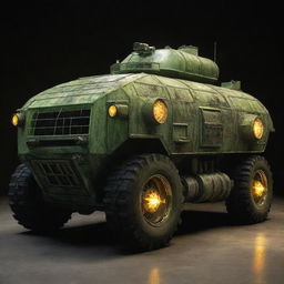 A Nuclearpunk armored vehicle, radiating the atomic age aesthetic. The vehicle showcases a robust design with layers of lead shielding, glowing Geiger counter, radiator grills, interlocking bulkhead doors, and a reactor core glowing ominously through thick, protective glass