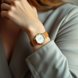 A stylish woman showcasing a small octagonal watch on her wrist, measuring 15x20 mm with cut corners that create its unique shape