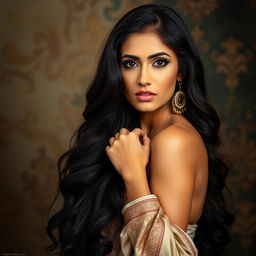A beautiful Pakistani woman with long, dark hair, striking features, and warm skin tones, posed artistically against an elegant backdrop that emphasizes cultural richness