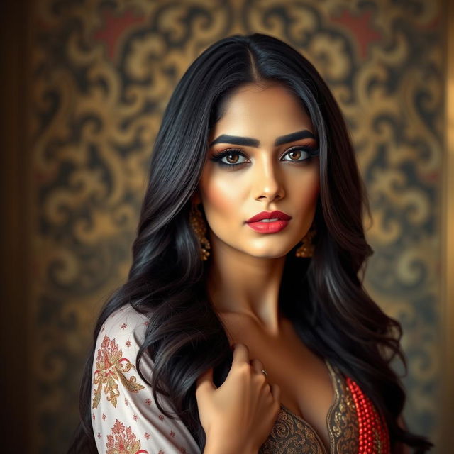 A beautiful Pakistani woman with long, dark hair, striking features, and warm skin tones, posed artistically against an elegant backdrop that emphasizes cultural richness