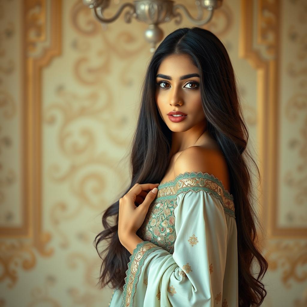 A beautiful Pakistani woman with long, dark hair, striking features, and warm skin tones, posed artistically against an elegant backdrop that emphasizes cultural richness