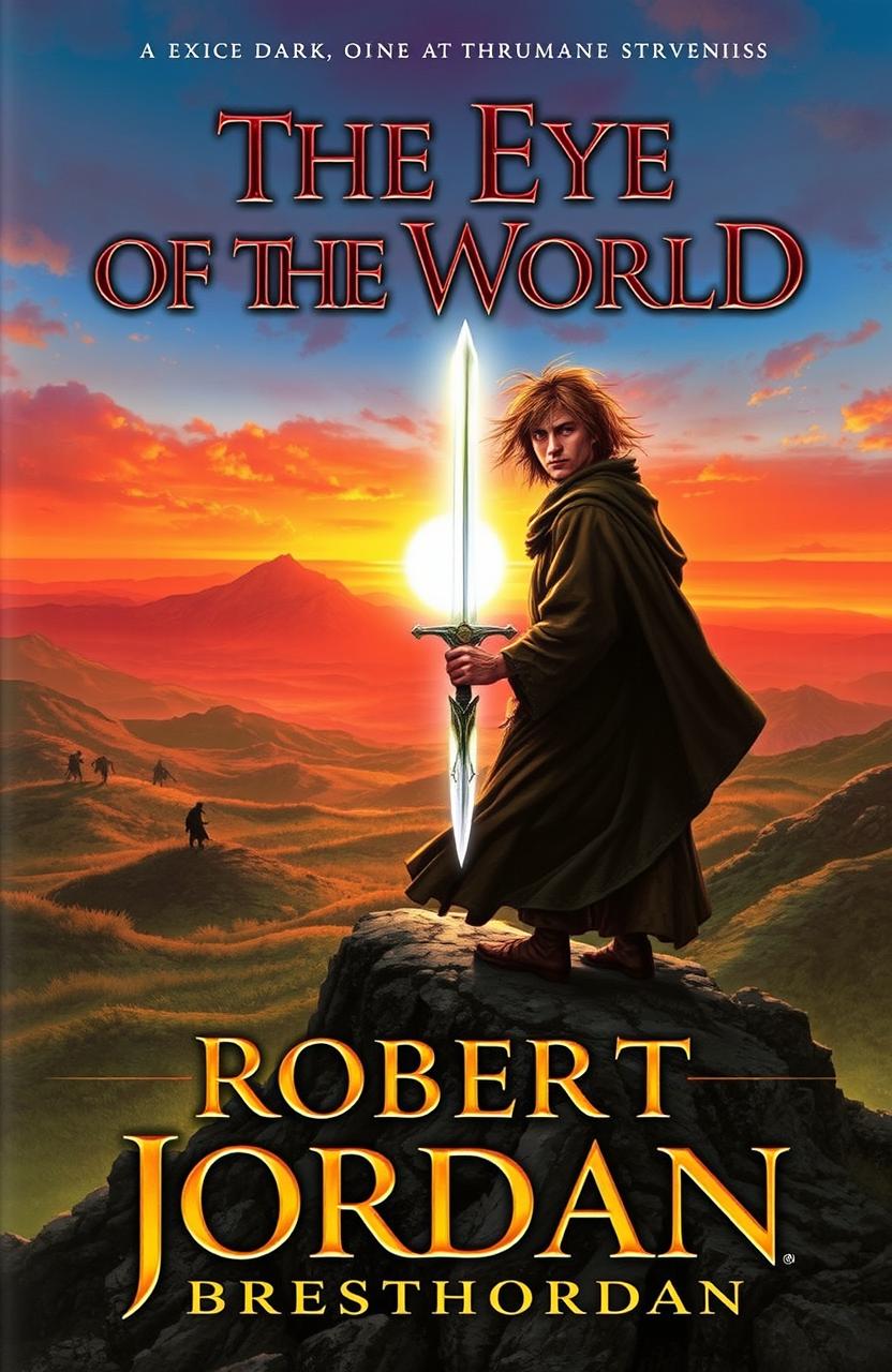 An epic fantasy book cover for "The Eye of the World" by Robert Jordan, featuring a dramatic scene of Rand al'Thor standing on a windswept mountaintop, overlooking a vast landscape of lush valleys and distant mountains under a vibrant sunset sky