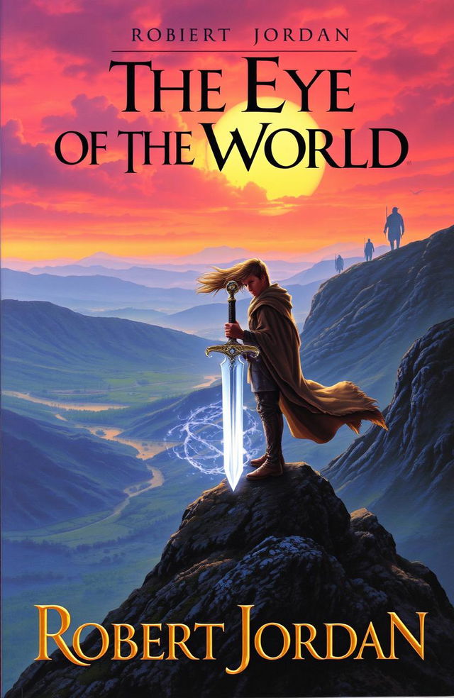 An epic fantasy book cover for "The Eye of the World" by Robert Jordan, featuring a dramatic scene of Rand al'Thor standing on a windswept mountaintop, overlooking a vast landscape of lush valleys and distant mountains under a vibrant sunset sky