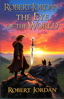 An epic fantasy book cover for "The Eye of the World" by Robert Jordan, featuring a dramatic scene of Rand al'Thor standing on a windswept mountaintop, overlooking a vast landscape of lush valleys and distant mountains under a vibrant sunset sky
