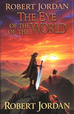 An epic fantasy book cover for "The Eye of the World" by Robert Jordan, featuring a dramatic scene of Rand al'Thor standing on a windswept mountaintop, overlooking a vast landscape of lush valleys and distant mountains under a vibrant sunset sky