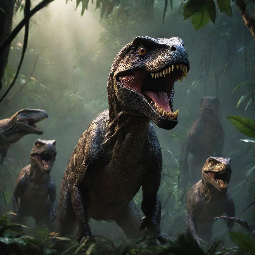 Illustrate a chilling image of multiple Raptors surrounding the Jurassic Park guard, their glowing eyes and sharp teeth highlighted in the dim jungle light, creating a suspenseful atmosphere.