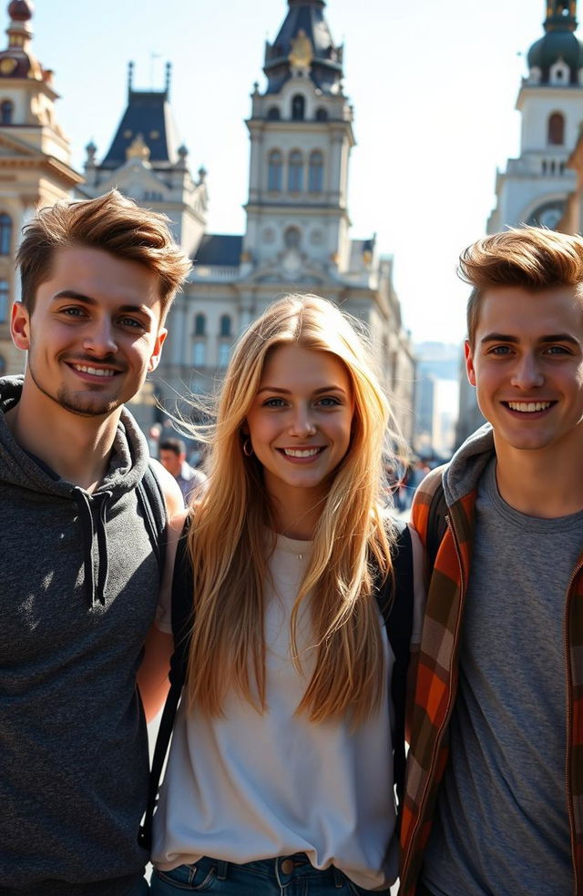 A central blonde girl with blue eyes, surrounded by two young men, with the beautiful cityscape of Saint Petersburg in the background, showcasing iconic architecture, including ornate buildings and historical elements, during a bright sunny day, capturing a sense of youth and friendship, light breeze blowing through their hair, vibrant and cheerful atmosphere