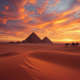 A breathtaking view of the Pyramids of Giza at sunset, with a dramatic sky filled with rich oranges and purples