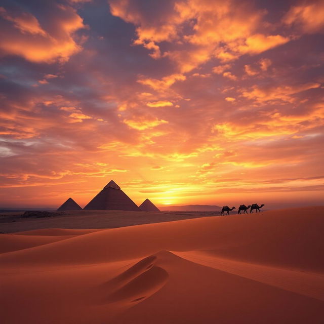 A breathtaking view of the Pyramids of Giza at sunset, with a dramatic sky filled with rich oranges and purples