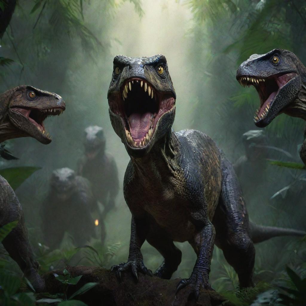 Illustrate a chilling image of multiple Raptors surrounding the Jurassic Park guard, their glowing eyes and sharp teeth highlighted in the dim jungle light, creating a suspenseful atmosphere.