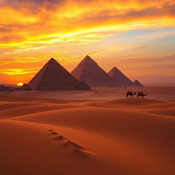 A breathtaking view of the Pyramids of Giza at sunset, with a dramatic sky filled with rich oranges and purples