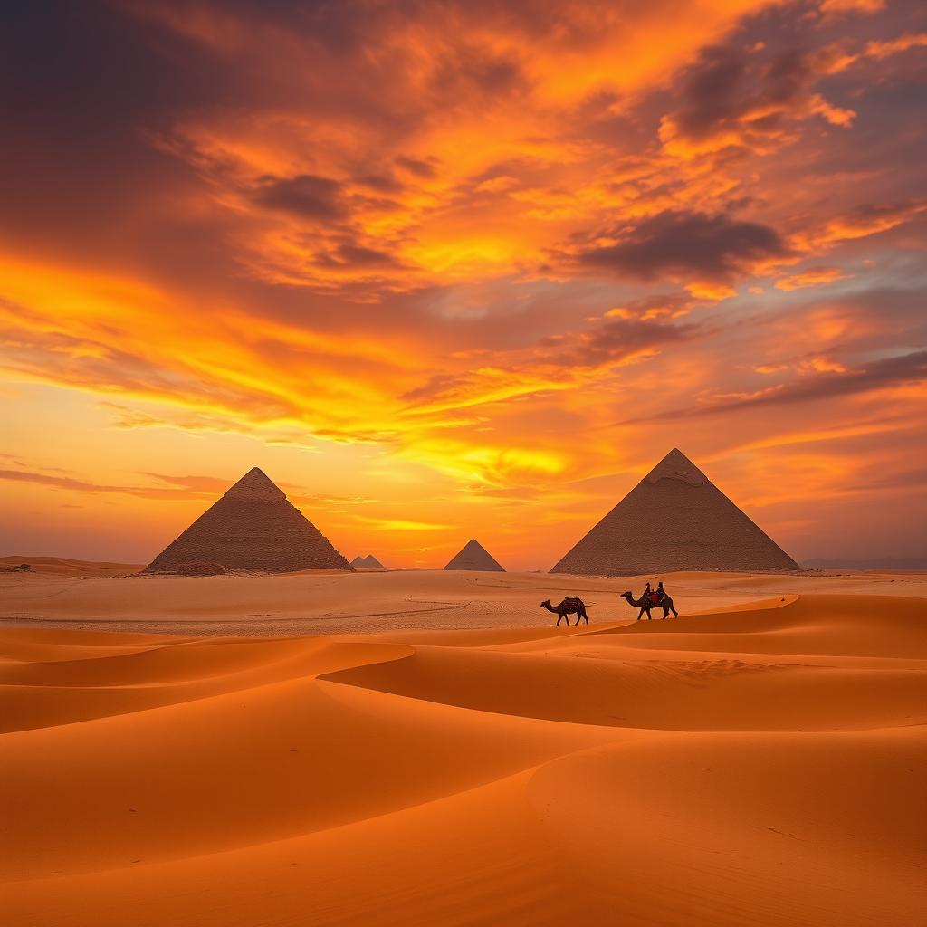 A breathtaking view of the Pyramids of Giza at sunset, with a dramatic sky filled with rich oranges and purples