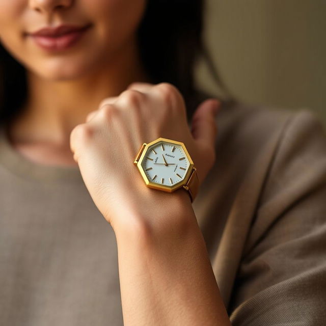 A fashionable woman showcasing a small octagonal watch on her wrist, measuring 15x20 mm with slight cuts on the corners that create an elegant octagonal shape