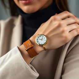 A fashionable woman showcasing a small octagonal watch on her wrist, measuring 15x20 mm with slight cuts on the corners that create an elegant octagonal shape