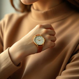 A fashionable woman showcasing a small octagonal watch on her wrist, measuring 15x20 mm with slight cuts on the corners that create an elegant octagonal shape