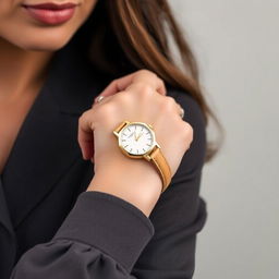 A fashionable woman showcasing a small octagonal watch on her wrist, measuring 15x20 mm with slight cuts on the corners that create an elegant octagonal shape